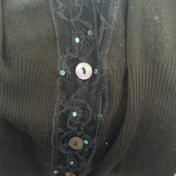 ANONYMOUS black cotton knit cardigan with blue and rhinestone trim. - Picture 7 of 8
